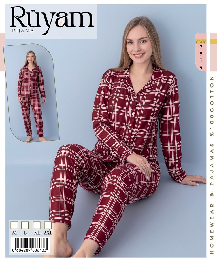 Bordo Puantiyeli Uzun Kollu Kadın Pijama Takımı - Görsel 5