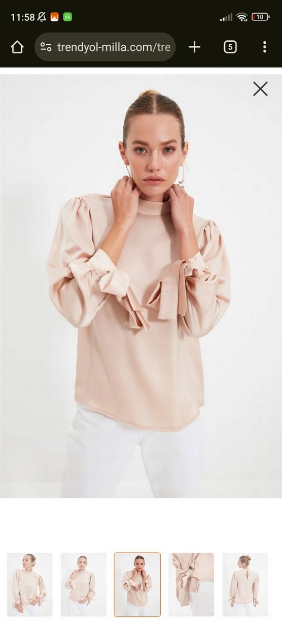 Bej Yüksek Yakalı Uzun Kollu Kadın Bluz - Görsel 2