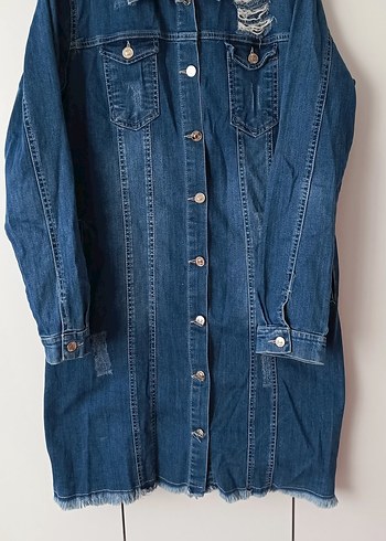xxl Beden mavi Renk Düğmeli Uzun Mavi Denim Ceket