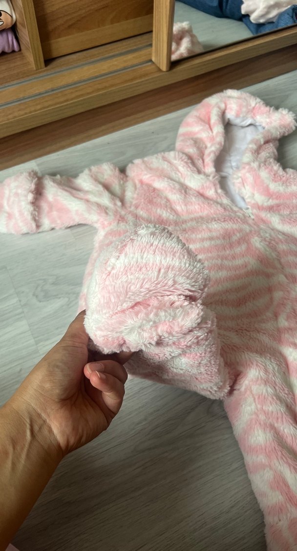 Pembe Zebra Desenli Kapüşonlu Bebek Tulumu - Görsel 2