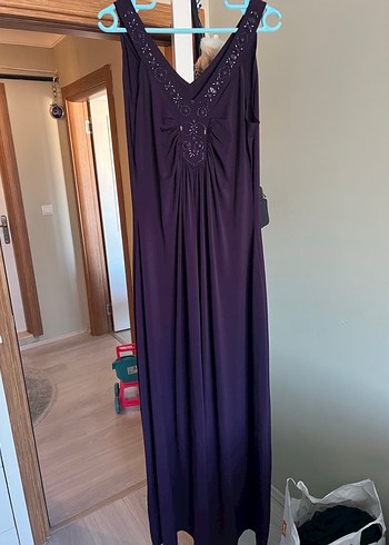 Mor Nakışlı Bohem Uzun Abiye Elbise - Görsel 4