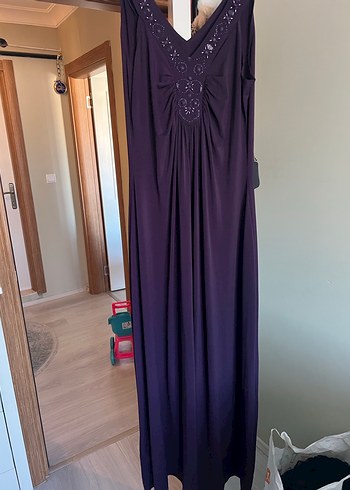 Mor Nakışlı Bohem Uzun Abiye Elbise - Görsel 5