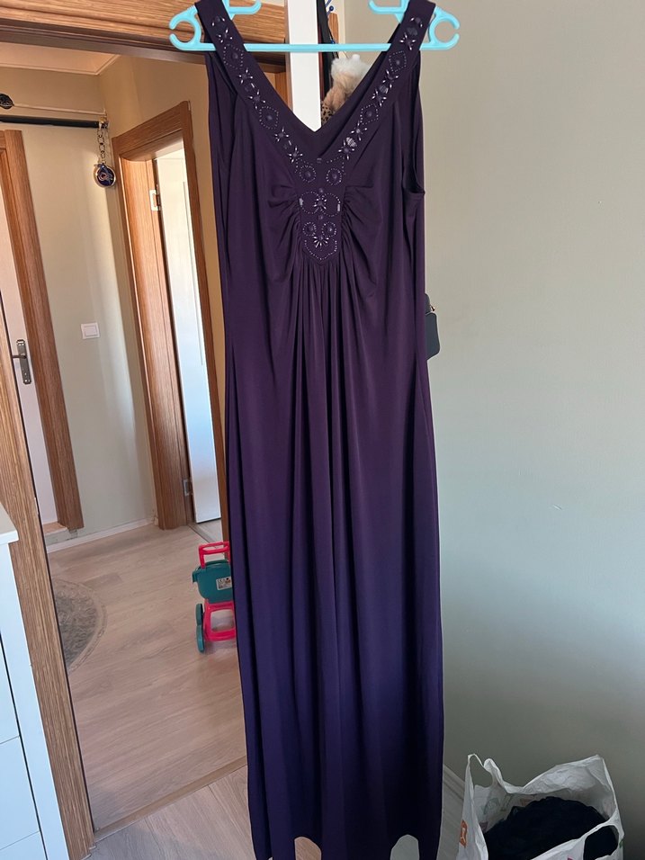 Mor Nakışlı Bohem Uzun Abiye Elbise - Görsel 4