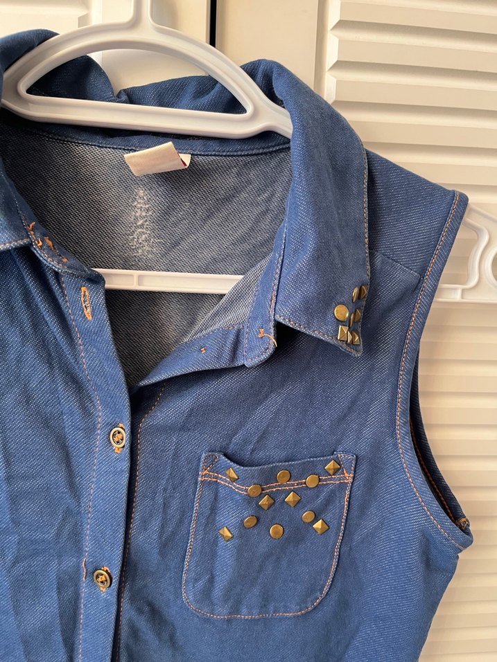 Mavi Denim Düğmeli Kolsuz Gömlek - Görsel 2