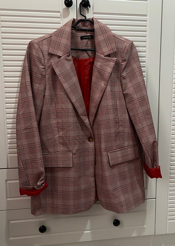 Bordo Ekose Desenli Kadın Blazer Ceket - Görsel 2