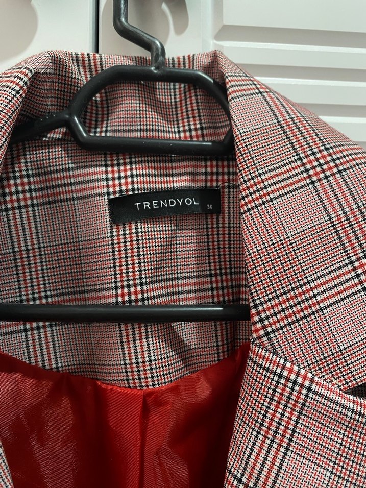 Bordo Ekose Desenli Kadın Blazer Ceket - Görsel 4