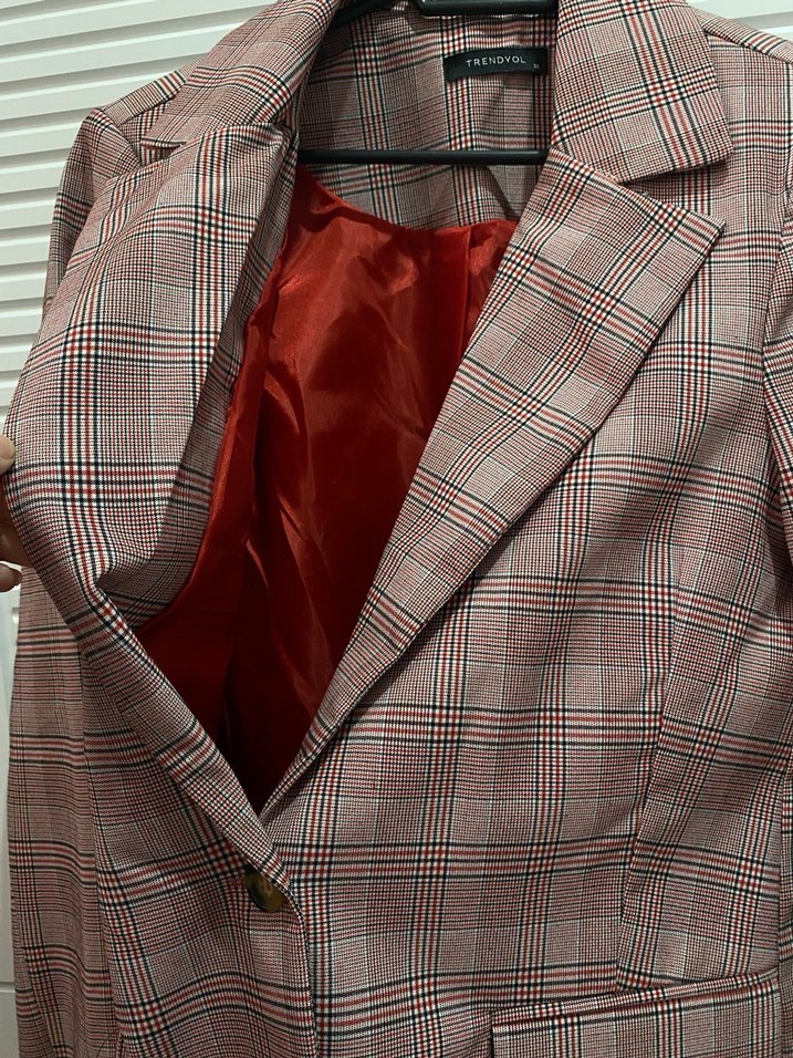 Bordo Ekose Desenli Kadın Blazer Ceket - Görsel 3