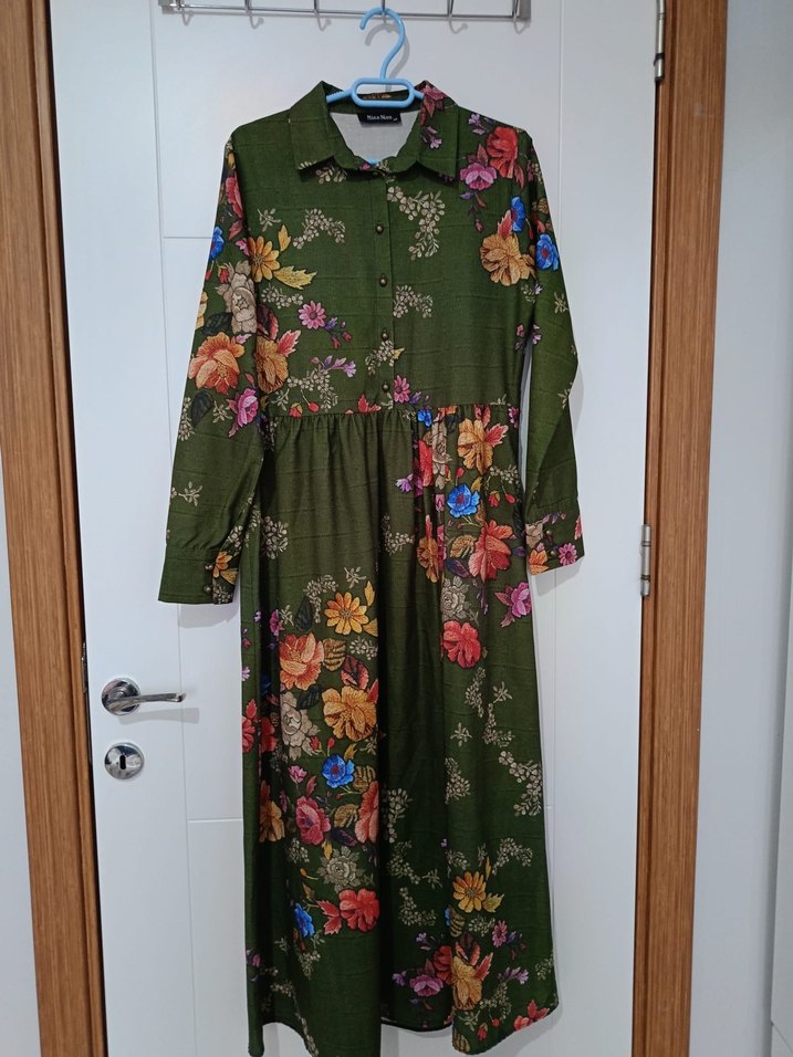 Kahverengi Çiçekli Uzun Bohem Elbise - Görsel 5