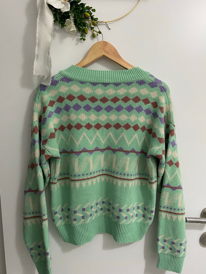 Bohem V Yaka Çok Renkli Örgü Kazak - Görsel 4