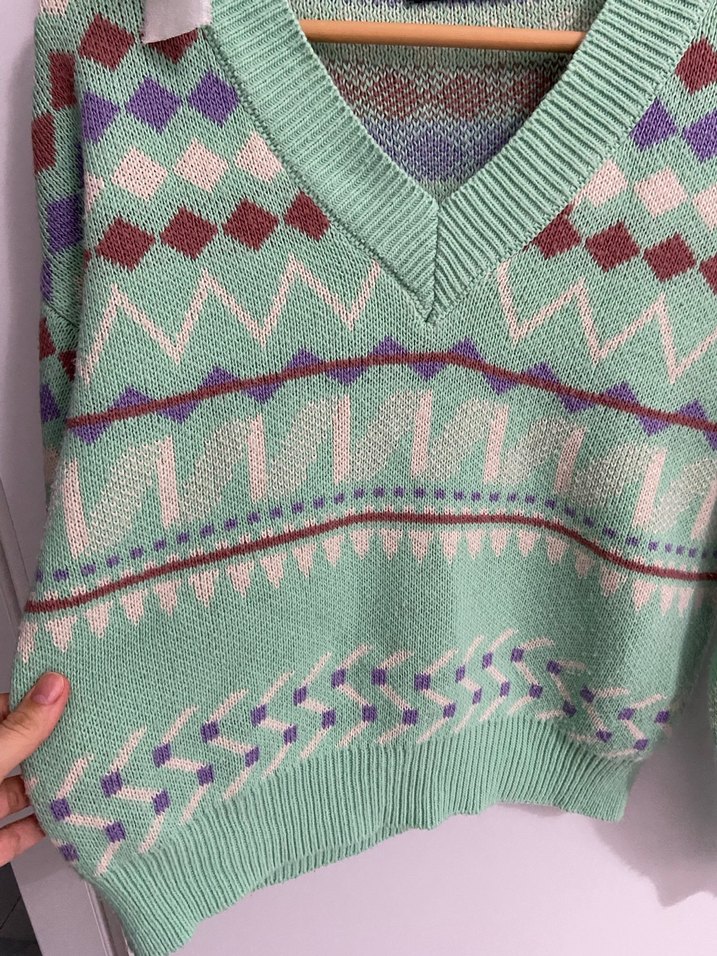 Bohem V Yaka Çok Renkli Örgü Kazak - Görsel 3