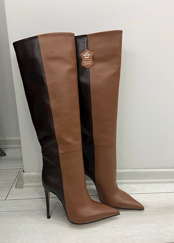 Kahverengi Deri Zebra Desenli İnce Topuklu Dizüstü Çizme - Görsel 2