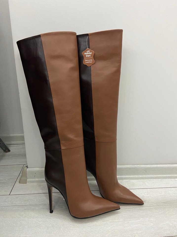 Kahverengi Deri Zebra Desenli İnce Topuklu Dizüstü Çizme - Görsel 2