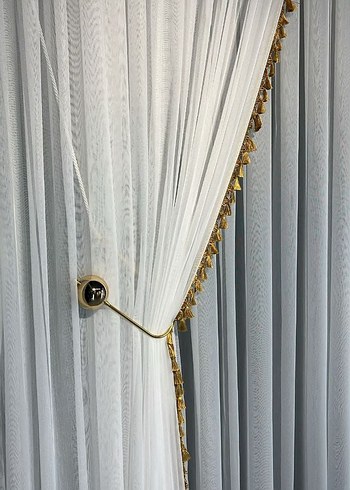 Beyaz Desenli Perde Seti Püsküllü - Görsel 3