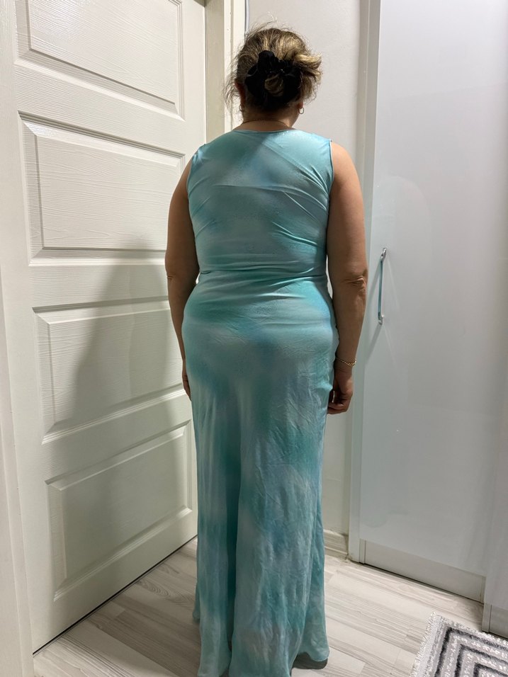 Turkuaz Drapeli Uzun Abiye Elbise - Görsel 4