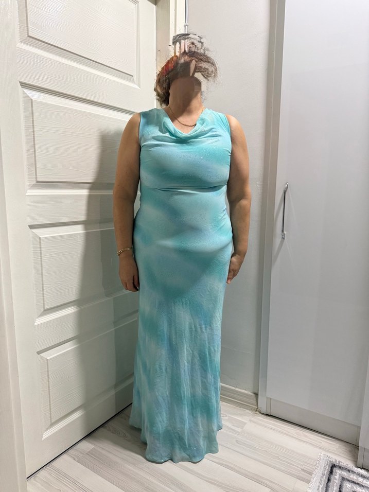Turkuaz Drapeli Uzun Abiye Elbise - Görsel 2