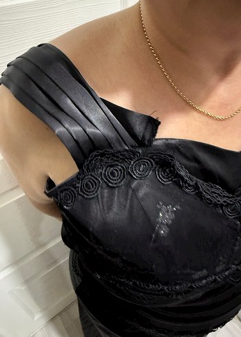 Siyah Straplez Midi Gotik Abiye Elbise - Görsel 3