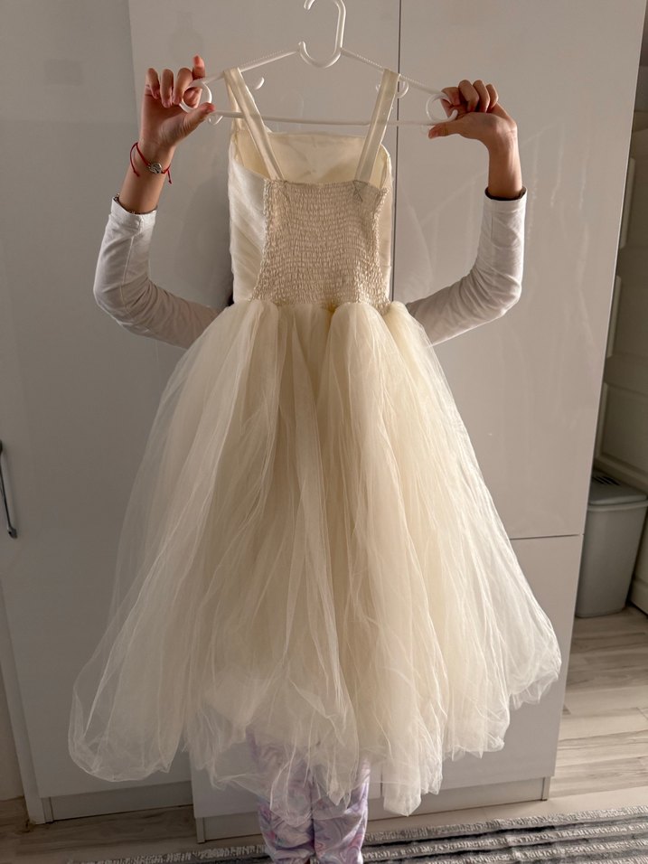 Beyaz Askılı Drapeli Kız Çocuk Abiye Elbise - Görsel 2