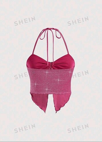 Sheinside Parıltılı halter yaka asimetrik bluz bağlamalı 