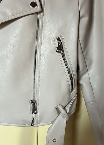 Bej Mini Biker Deri Ceket - Görsel 4