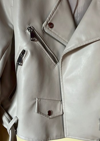 Bej Mini Biker Deri Ceket - Görsel 3