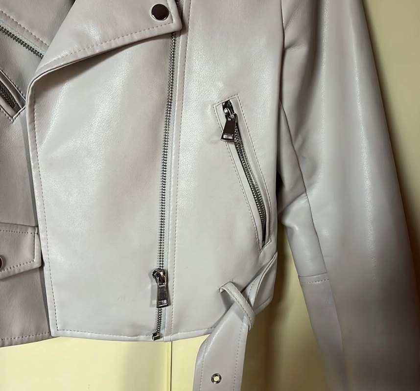 Bej Mini Biker Deri Ceket - Görsel 4