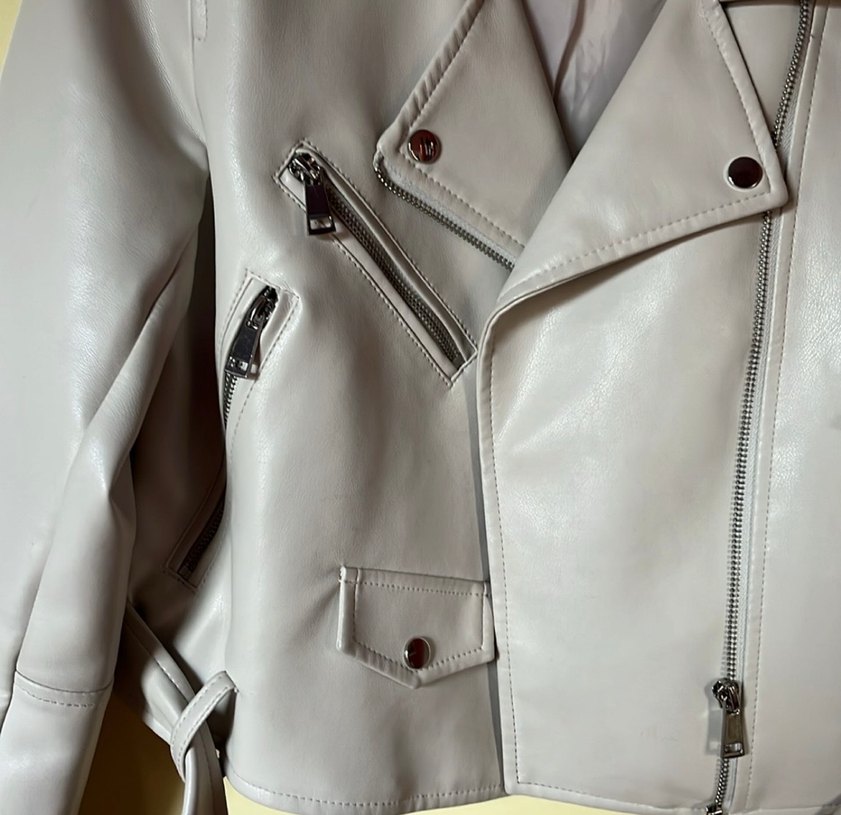 Bej Mini Biker Deri Ceket - Görsel 3