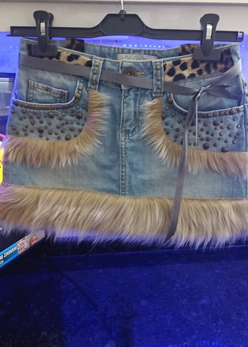 Kürklü Leopar Detaylı Mini Kot Etek