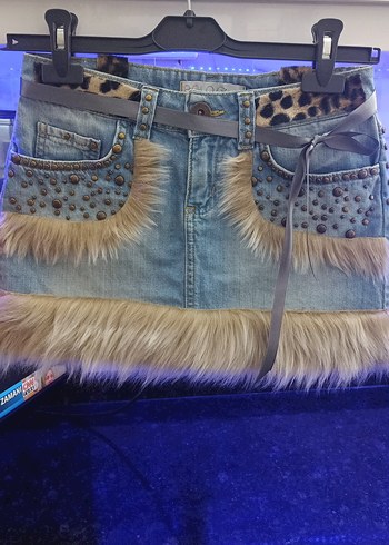 Polo Garage Kürklü Leopar Detaylı Mini Kot Etek