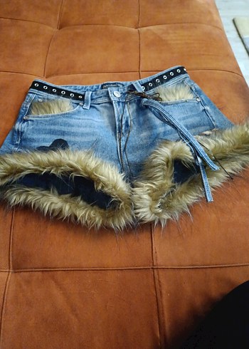 Kürklü Leopar Desenli Kadın Denim Şort - Görsel 8