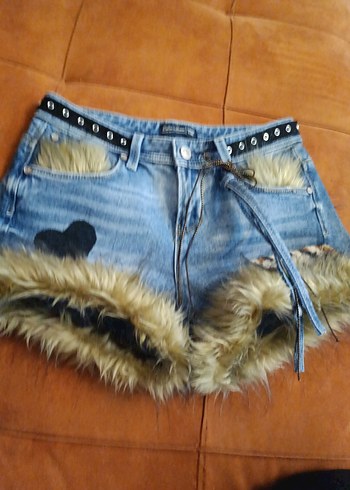 Kürklü Leopar Desenli Kadın Denim Şort - Görsel 9