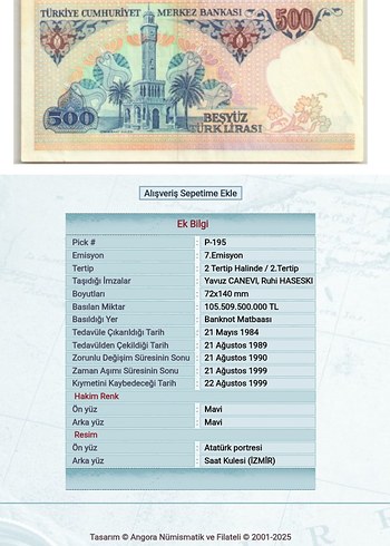 500 Türk Lirası Eski Banknot - Turkuaz - Görsel 3