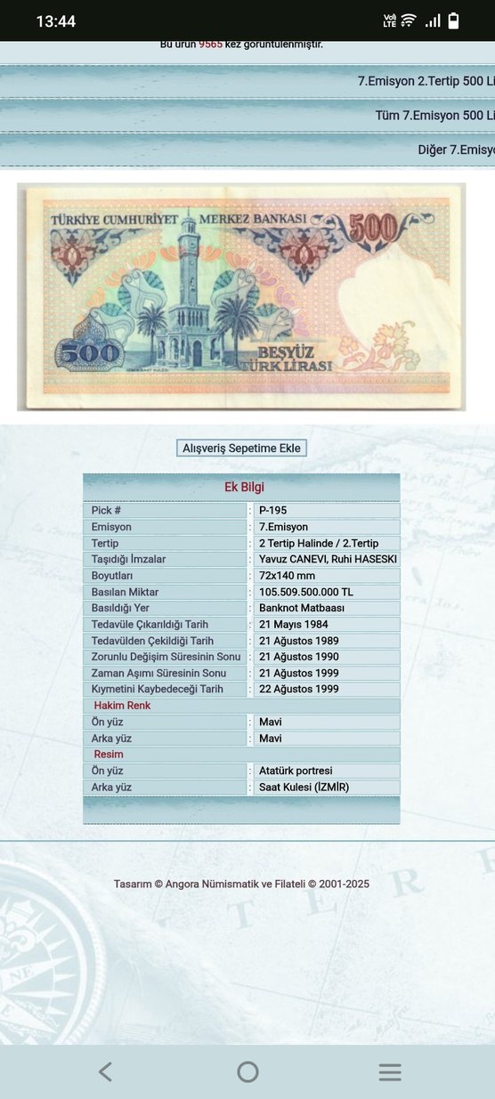 500 Türk Lirası Eski Banknot - Turkuaz - Görsel 3