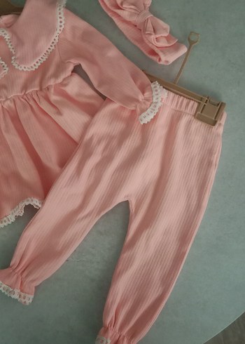 Dantel Detaylı Pembe Bebek Kız Takımı - Görsel 4