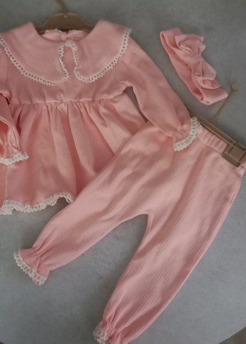 Dantel Detaylı Pembe Bebek Kız Takımı - Görsel 2