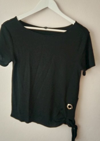 Kemerli Siyah Keten Midi Kadın Tişört - Görsel 2