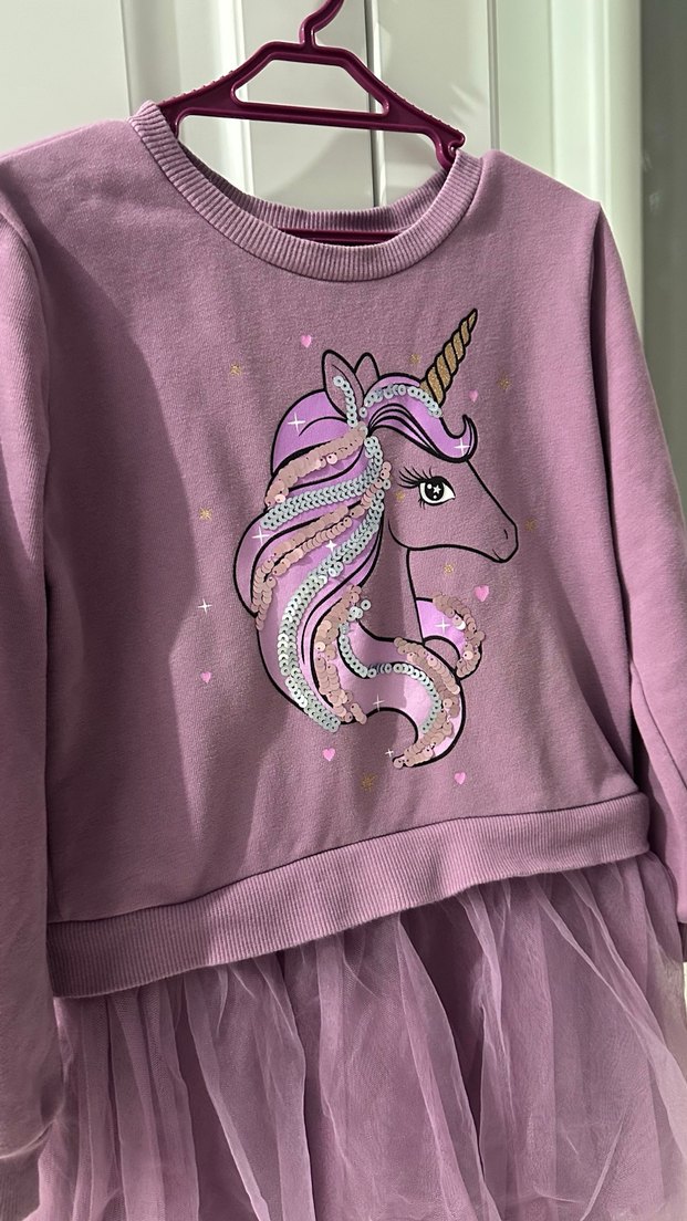 Uzun Kollu Mor Kız Çocuk Elbise - Görsel 2