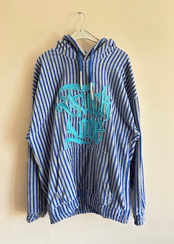 Mavi Çizgili Kapüşonlu Kadın Sweatshirt
