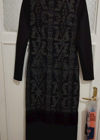 Uzun Kollu Siyah Desenli Kadın Elbise - Görsel 5