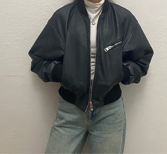 Pull and Bear Pull and bear deri bomber ceket