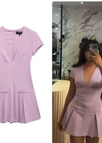 Piliseli V Yakalı Pembe Mini Elbise - Görsel 2