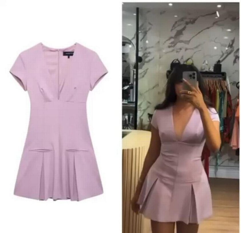 Piliseli V Yakalı Pembe Mini Elbise - Görsel 2