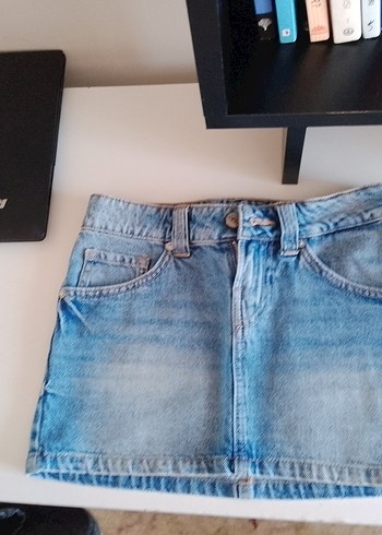 Kemerli Mavi Denim Mini Etek - Görsel 8