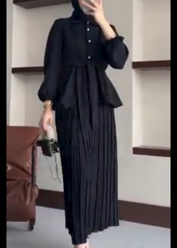 Düğmeli Siyah Mini Uzun Kollu Bluz - Görsel 3