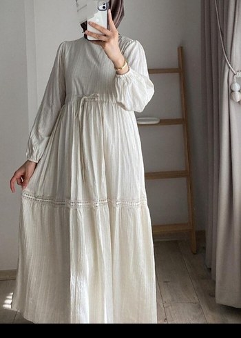 Uzun Beyaz Bohem Keten Elbise - Görsel 2