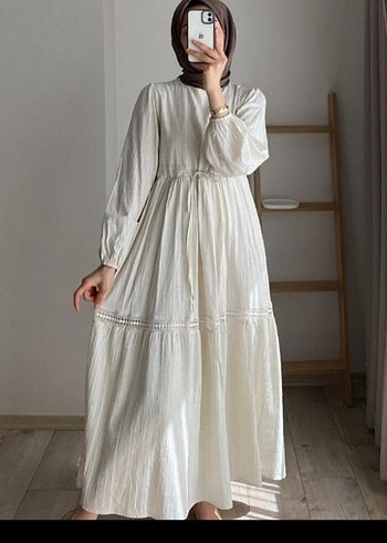 Uzun Beyaz Bohem Keten Elbise - Görsel 3