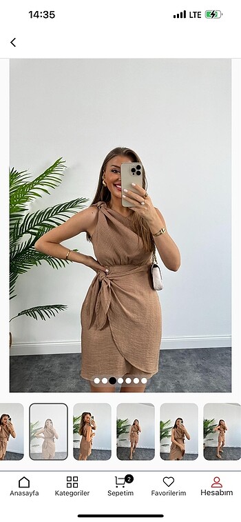 Tek omuz helen model anvelop keten elbise camel renk