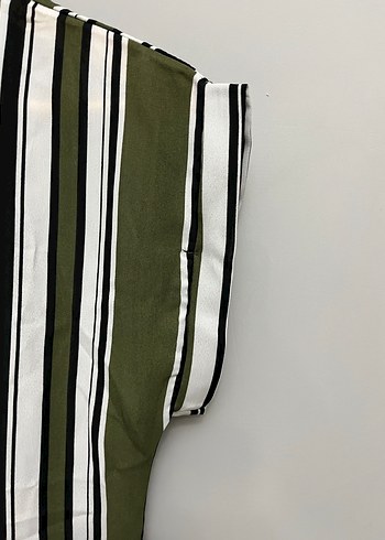 m Beden Kadın Haki Çizgili Kısa Kollu sifon Bluz