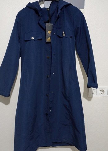 Düğmeli Lacivert Uzun Kadın Yağmurluk - Görsel 2