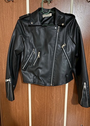 Siyah Kısa Kemerli Biker Deri Ceket - Görsel 3