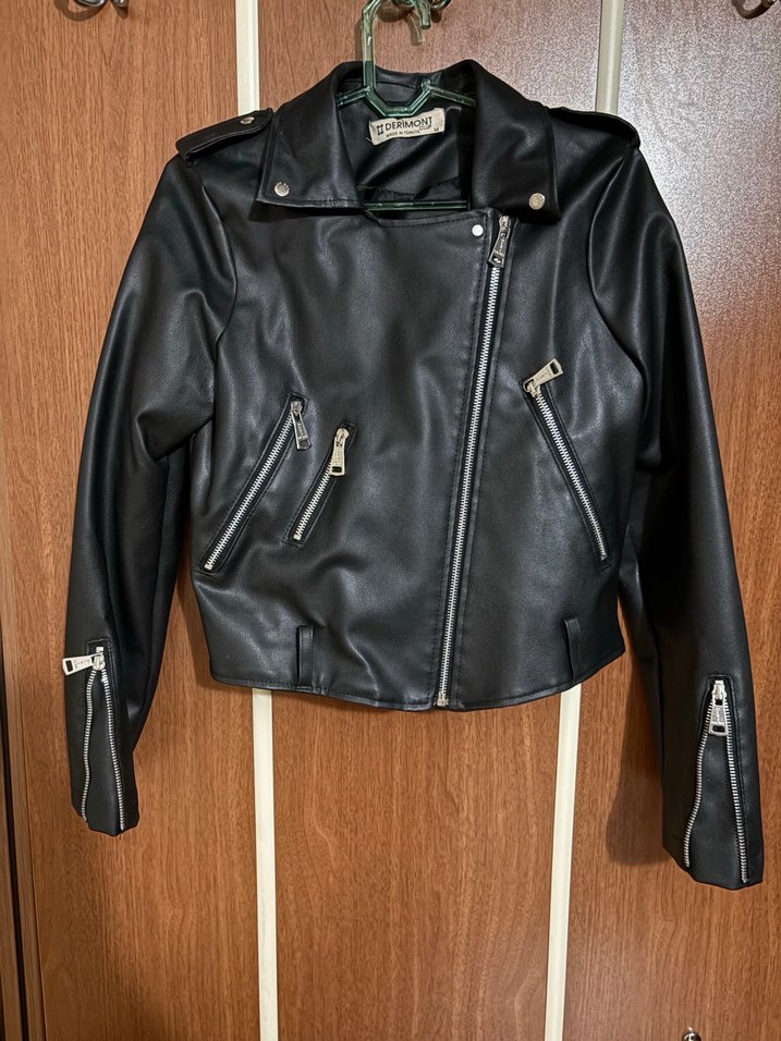 Siyah Kısa Kemerli Biker Deri Ceket - Görsel 3